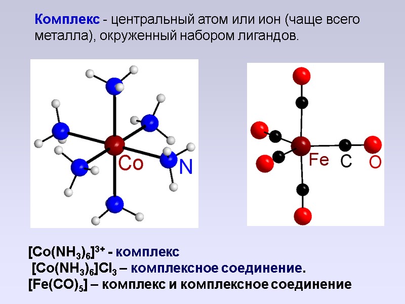 [Co(NH3)6]3+ - комплекс  [Co(NH3)6]Cl3 – комплексное соединение. [Fe(CO)5] – комплекс и комплексное соединение